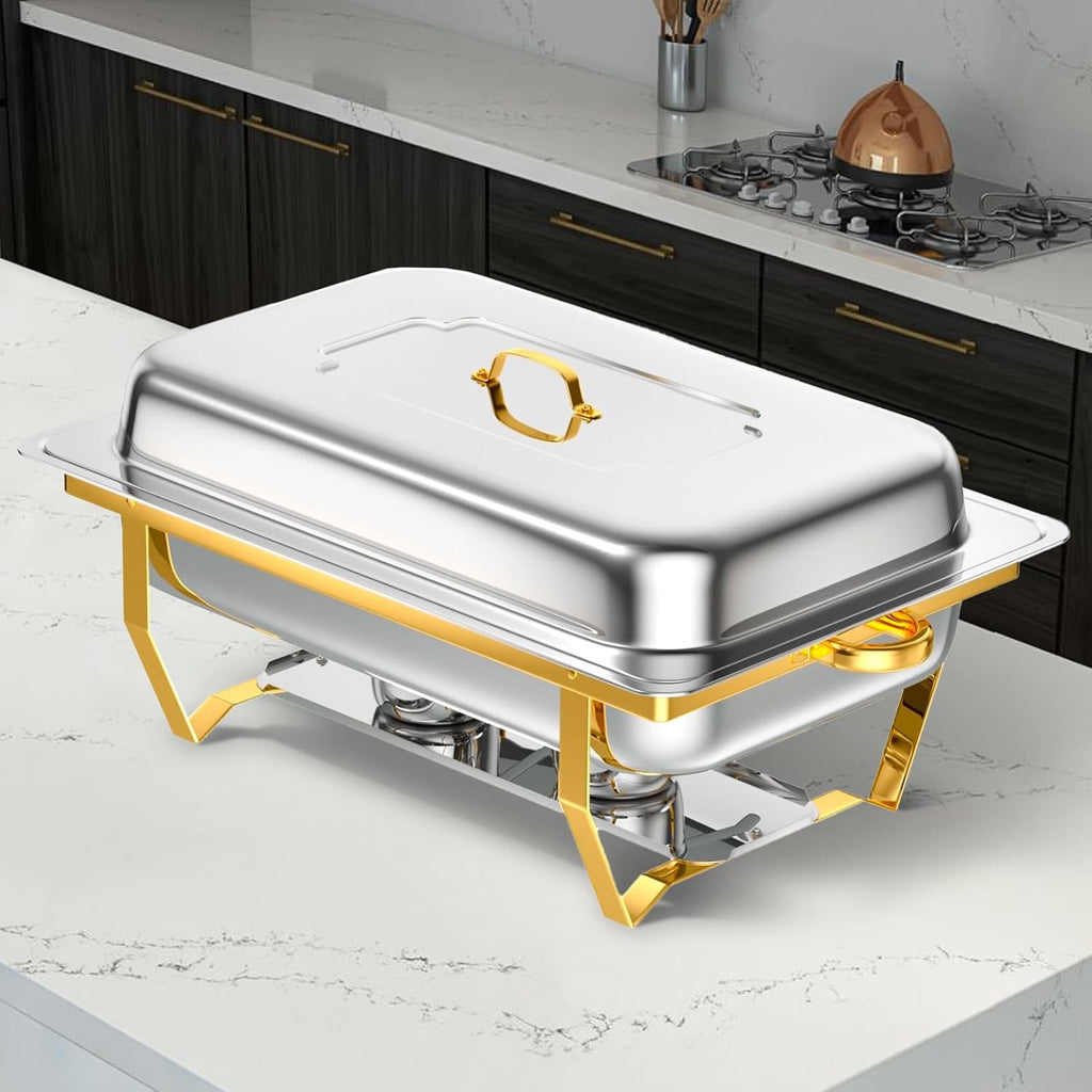 Chafing Dishes for Buffet, 8 Qt High Grade Chafing Dish Buffet Set, Full Size Pan, Rolled-Edge Design Food Warmers for Parties, Buffet, Wedding, Birthday, Camping 4 Pack Half Gold
