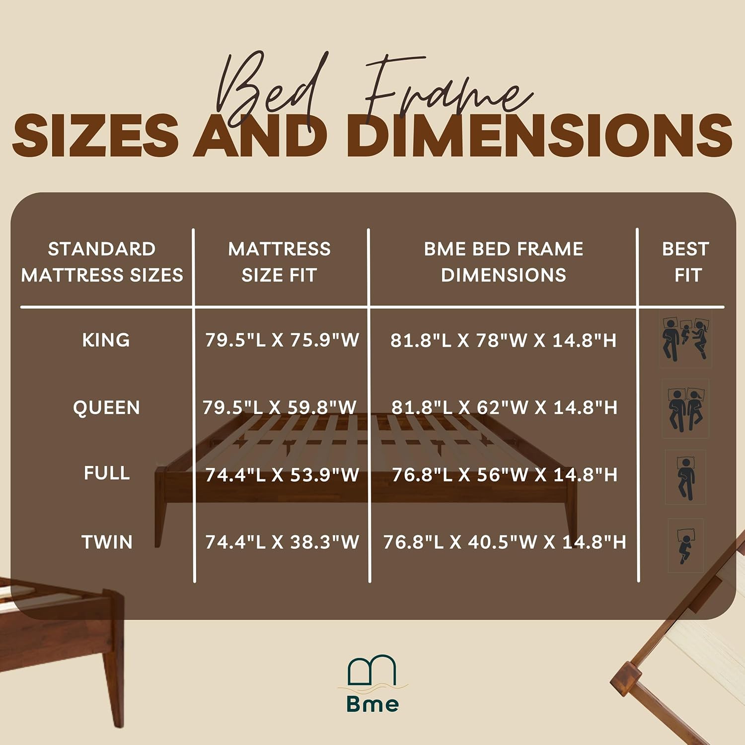 Bme Dinkee King Bed Frame Wood 15 Inch - Solid Wood Platform Bed Frame - Japanese Joinery Bed - Modern & Minimalist Style - Wood Slat Support - Easy Assembly - No Box Spring Needed - Chocolate