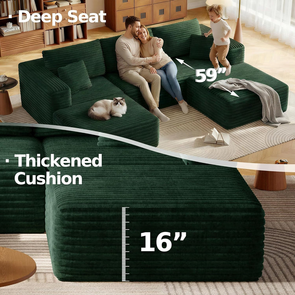 108.2" Modular Sectional Sofa with Deep Seat, Boneless U Shaped Corduroy Couch Modern Comfort, Cloud Couch Oversized for Living Room No Assembly (Green)