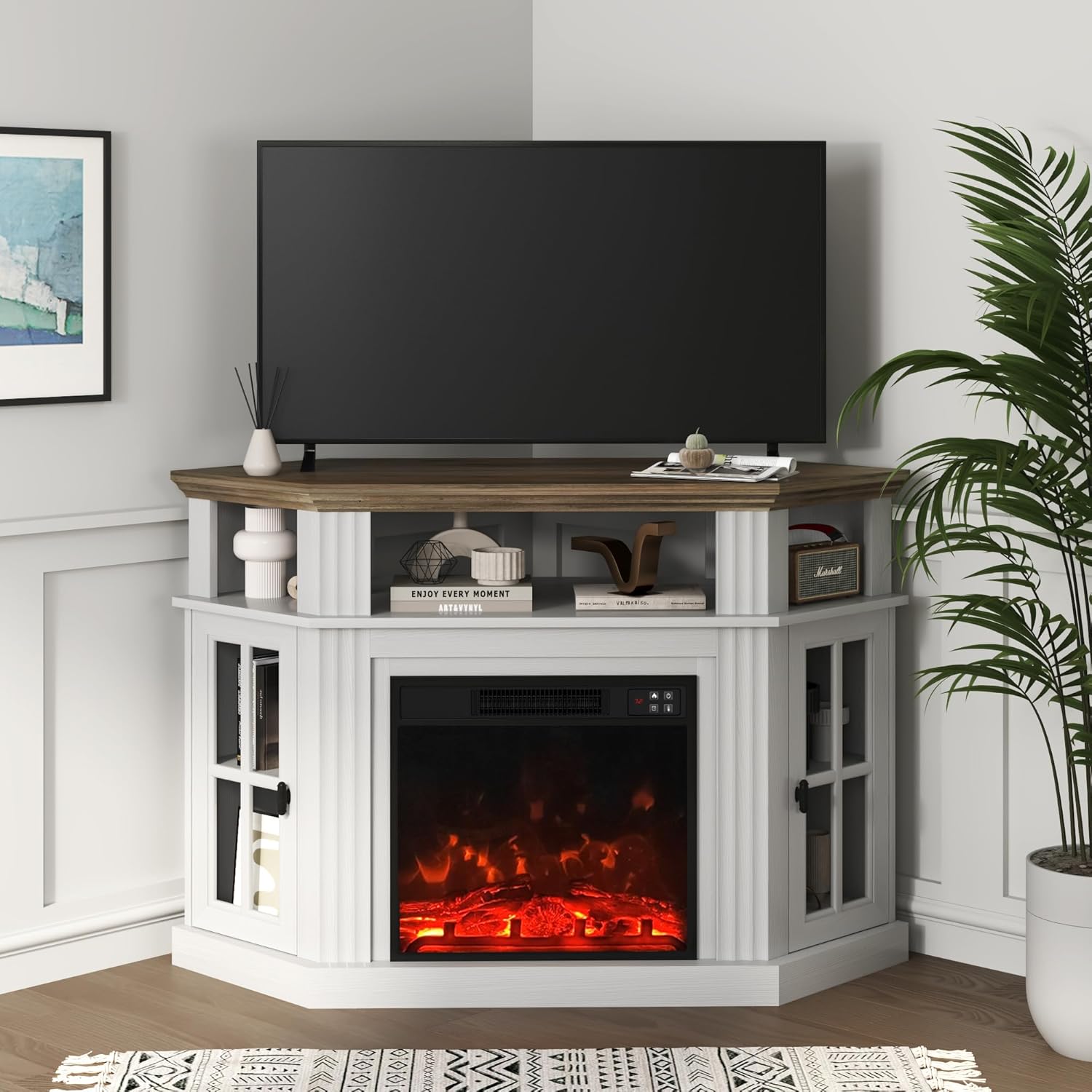 YESHOMY Corner Fireplace TV Stand for Television up to 55" with Storage Cabinets, Entertainment Center, Media Console for Living Room, Bedroom, White＆Rustic