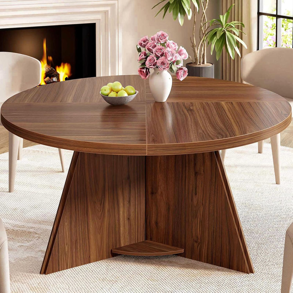 LVB Round Dining Table for 4-6, Mid Century Modern Walnut Circle Dinner Table, Brown Wood Pedestal Kitchen Table with Wooden Base for Dining Room, Kitchen, Living Room, 43 inch