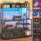 Itaar 47.2 Inch Bakers Rack with Power Outlet, Microwave Stand with Storage, Farmhouse Coffee Bar Cabinet Station with Wine Rack, Iron Mesh and 8-S Hooks (Black)
