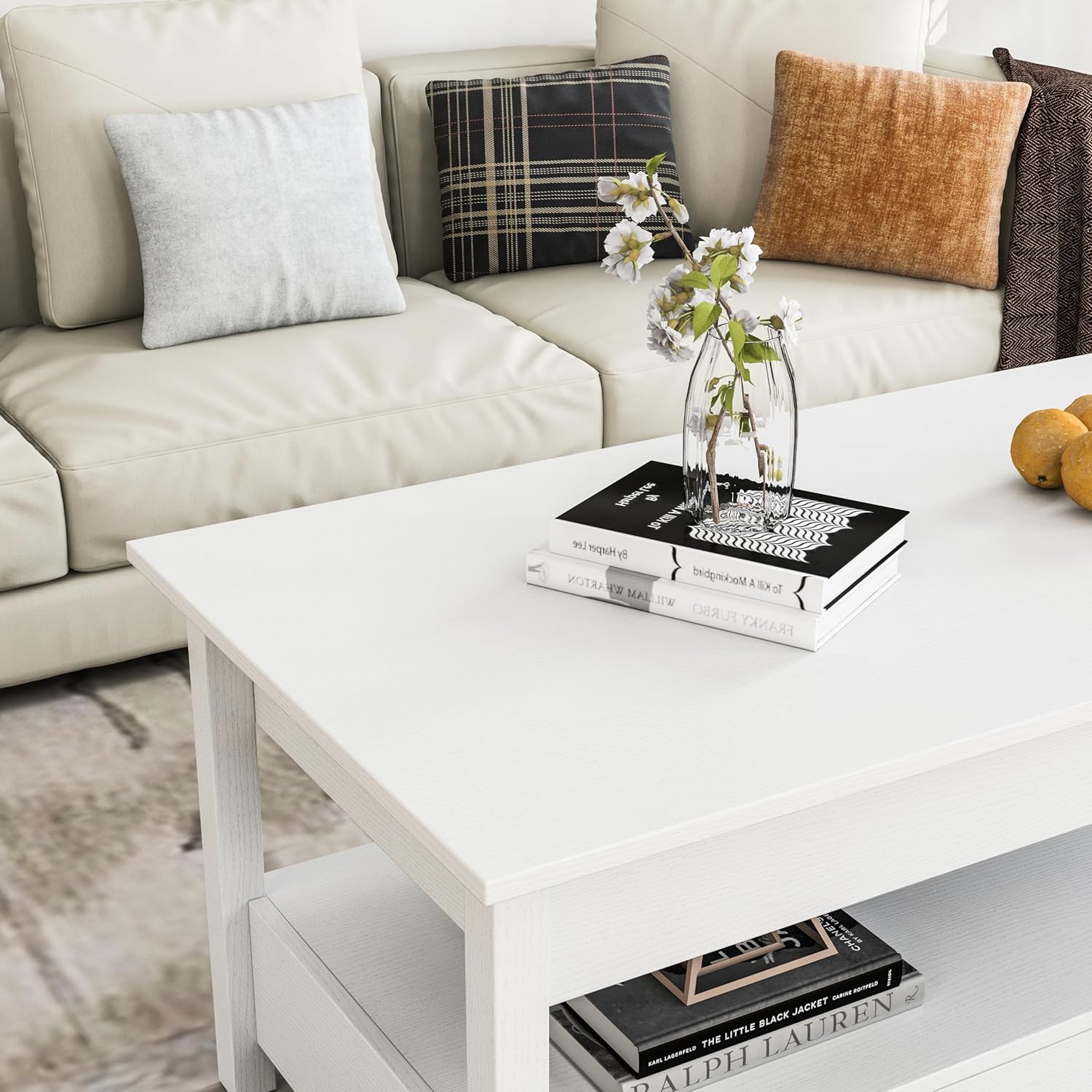 Panana Coffee Table, Lift Top Coffee Table with Hidden Compartment, 2 Drawers and 1 Open Shelf, Retro Central Wooden Table Lift Tabletop for Living Room (White)