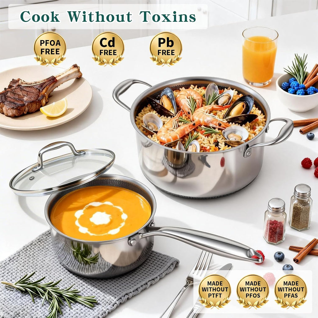 Yoehka 14-Piece Hybrid Stainless Steel Cookware Set, Non-Stick Pots and Pans Set with 3 Silicone Trivets | Induction Compatible Frying Pans, Saucepans, Saute Pan & Stock Pot | Oven Dishwasher Safe