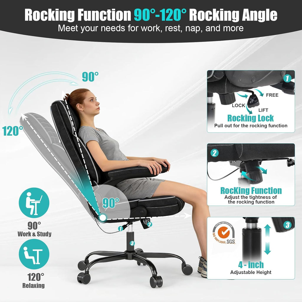 Big and Tall Office Chair with Adjustable Lumbar Support,Breathable Fabric High Back Desk Computer Chair with Adjustable Flip-up Armrests,Ergonomic Swivel PC Chair with Rocking Function