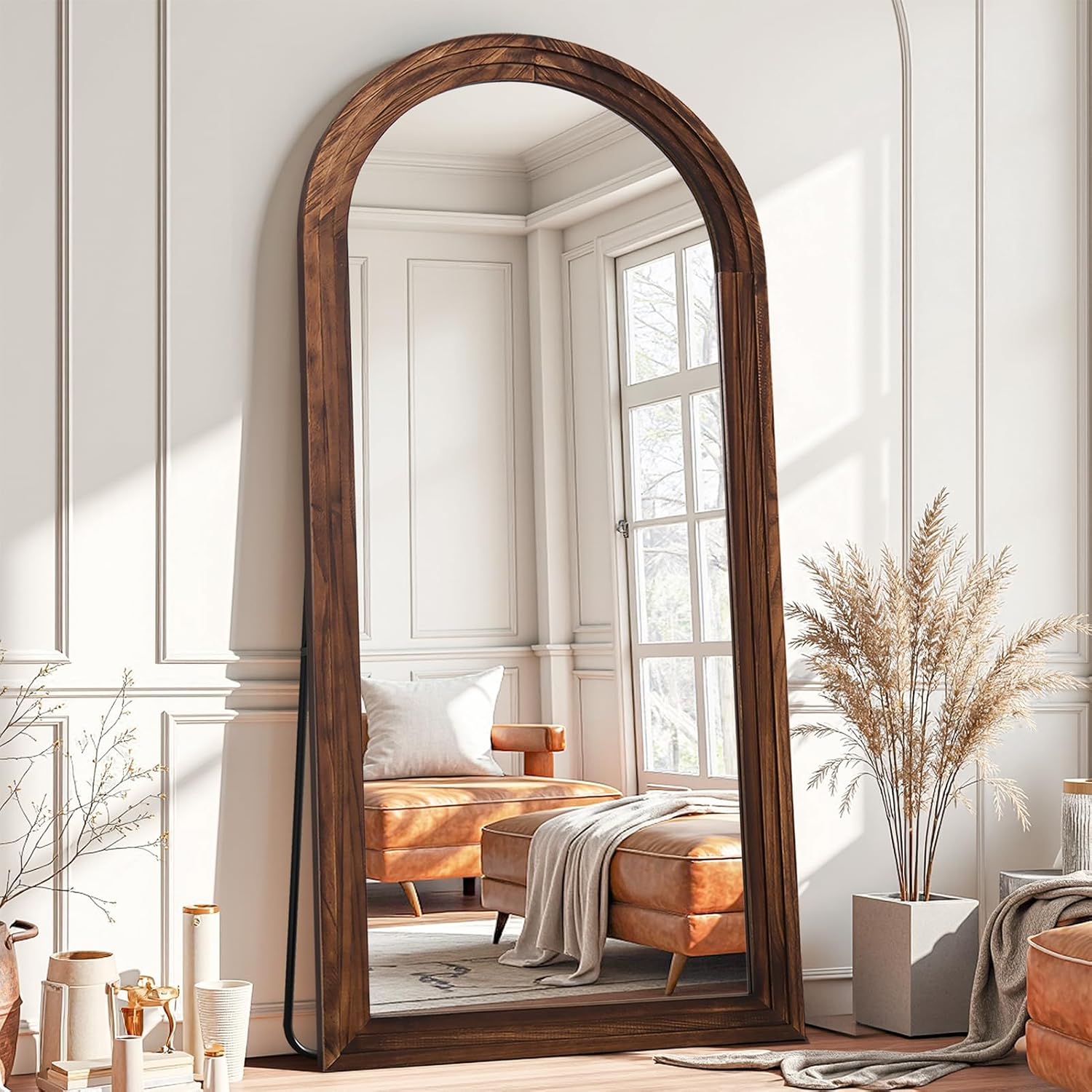 Antok Floor Mirror, Wood Full Length Mirror Wooden Full Body Mirror with Stand, Hanging Mounted for Living Room Cloakroom, 71"×32", Walnut, Arched Style