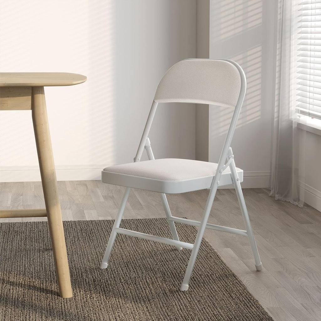 Nazhura 4 Pack Folding Chairs with Padded Cushion and Back, Khaki Metal Chairs with Comfortable Cushion and Durable Steel Frame for Home and Office, for Indoor and Outdoor Events (White, 4 Pack)