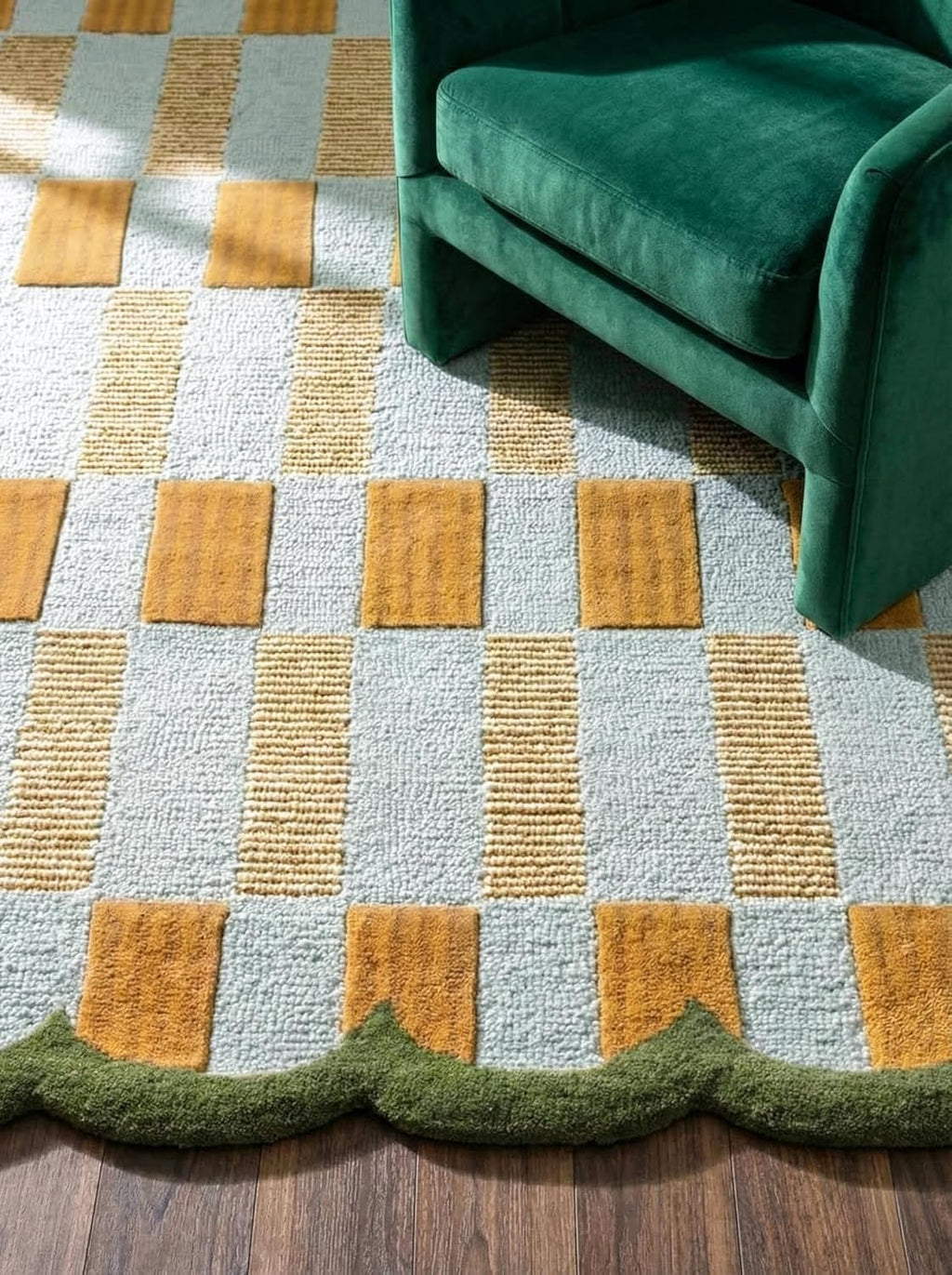 Hand-Tufted Scalloped Wool Area Rug, Modern Plaid Checkered Pattern, Soft & Durable Cozy Accent Rug for Living Room, Bedroom & Nursery, Handmade Decorative Floor Carpet (Light Blue, 8' x 10')