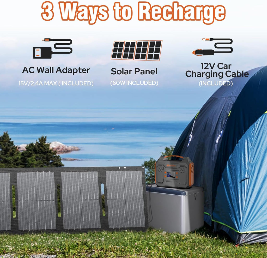 Portable Solar Generator with Panels  300W Power Station with Solar Panel 60W  110V AC Outlet Solar Power Pack Generator  Camping 65W Power Bank with DC for Laptop Smart Device RV Outdoor