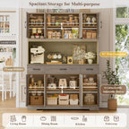 HOSTACK 71" Tall Pantry Cabinet with Charging Station, 55" Wide Kitchen Pantry Storage Cabinet with Countertop, Large Kitchen Hutch with Storage Drawers and Microwave Stand for Dining Room, Ash Grey