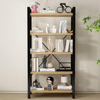 Real Solid Wood Bookshelf Shelves Rustic Vintage Industrial Etagere Bookshelf, Metal & Timber Free Vintage Bookcase, (Genuine Timber) (5-Tiers-Natural Finish)