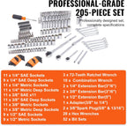 VEVOR Mechanics Tool Set, 205 Pcs SAE and Metric Sockets, 1/4" 3/8" 1/2" Drive Deep and Standard Sockets, Chrome Vanadium Steel, Polyethylene