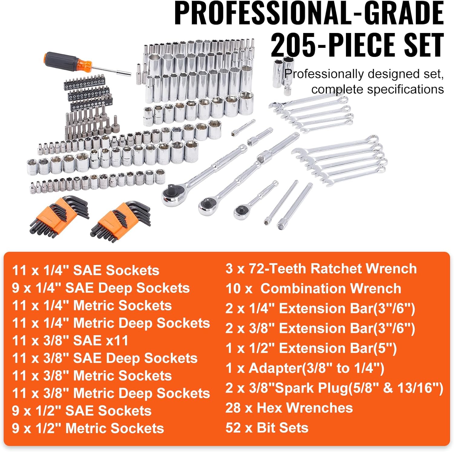 VEVOR Mechanics Tool Set, 205 Pcs SAE and Metric Sockets, 1/4" 3/8" 1/2" Drive Deep and Standard Sockets, Chrome Vanadium Steel, Polyethylene