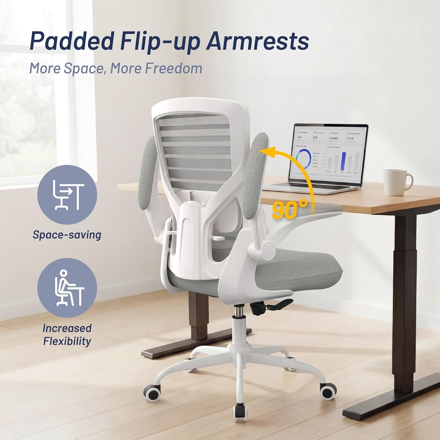 Office Chair for Long Hours & Back Pain Relief – 4" Thick Molded Foam Cushion, Padded Lumbar Support and Flip-up Armrests, Ideal for Office or Study, Light Gray