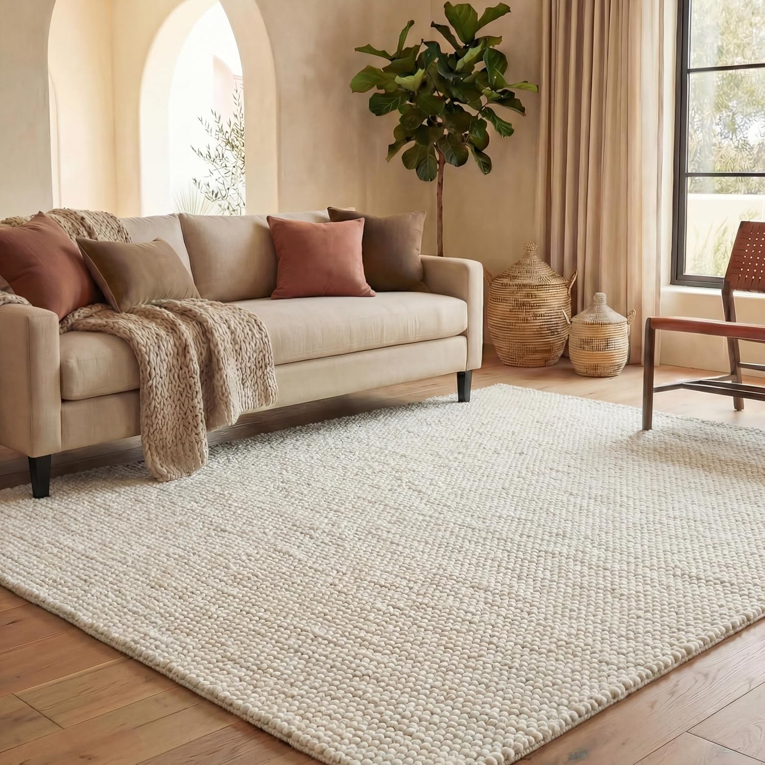 SAFAVIEH Natura Collection Area Rug - 12' Square, Ivory, Handmade Wool Blend, Textured Design, Ideal for Living Room, Bedroom, Dining Space (NAT620A)