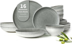 Pokini 16 Piece Double Bowl Dinnerware Sets, Stain Resistant Dish Set with Pasta Bowls, Easy Cleaning Dishes, Multi-Functional Plate and Bowl, Stack Compactly Plate Set, Service for 4