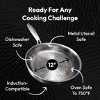 Plateful Titanium Pan For Cooking 12" - Pure, No Coating Non-Stick Titanium Cookware, Frying Pans, Hammered Pan, Safe For Oven, Induction & Cooktops Up To 750°F, Includes Lid