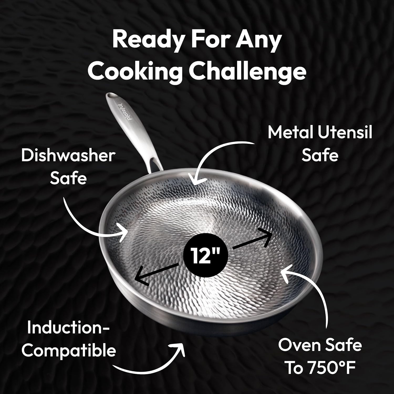 Plateful Titanium Pan For Cooking 12" - Pure, No Coating Non-Stick Titanium Cookware, Frying Pans, Hammered Pan, Safe For Oven, Induction & Cooktops Up To 750°F, Includes Lid