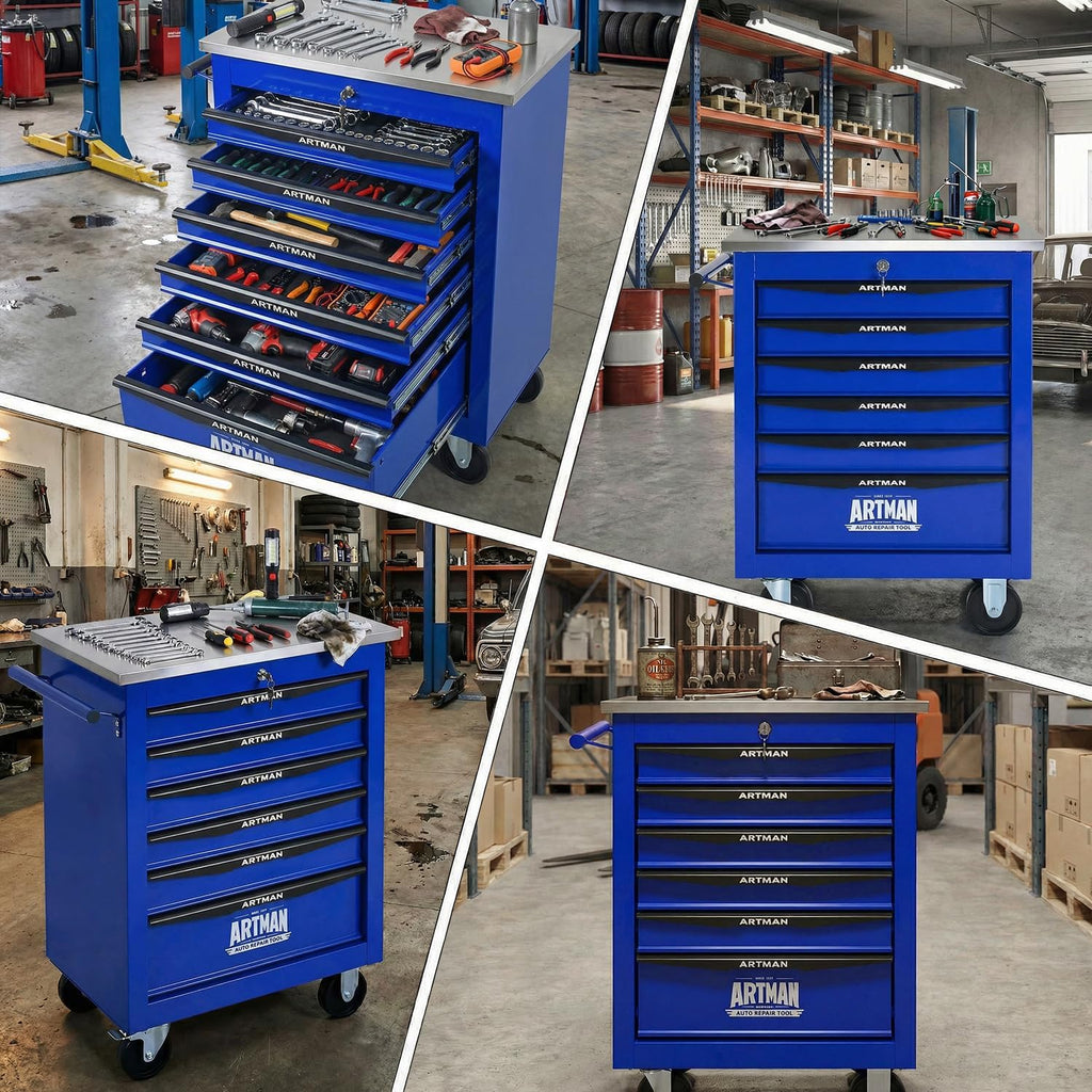 6-Drawer Rolling Tool Chest with Stainless Steel Countertop,Tool Chest with Secure Locking System,Mobile Storage Tool Cabinet with 360°Wheels and Padded Feet,for Home,Garage (Blue)