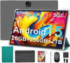 Android Tablet with Keyboard, 2026 Android 15 Tablet 10 inch, 26GB+256GB+2TB Expand, Electronic Tablet PC with Gemini, 8-Core, 8000mAh, 5G WiFi, GMS, 2 in 1 Tablet with Case/Mouse/Stylus(Black Case)