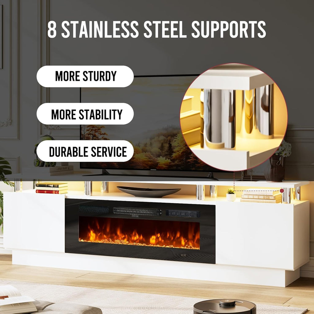 70" Fireplace TV Stand, 2-Tier LED Entertainment Center with 36" Fireplace, Fits TVs up to 80", Modern High Gloss TV Console with LED Lights & Storage Cabinets for Living Room, White + Black