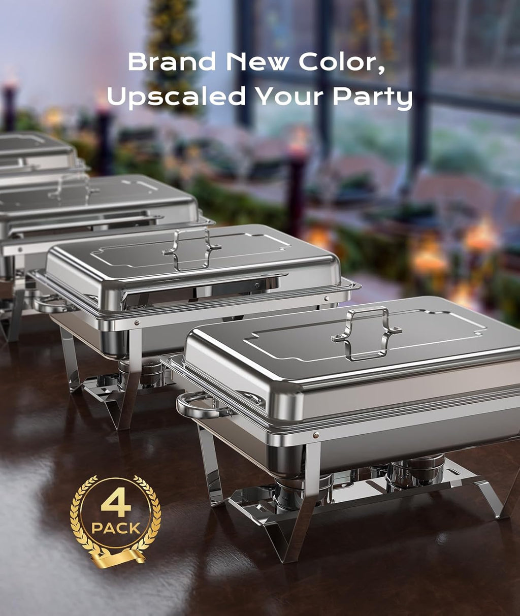 Chafing Dishes for Buffet 4 Pack, 9QT Mirror-Like Polished Finish Food Warmers for Parties Buffet No Fingers Cut Roll Edge Designed Chafing Dish Buffet Set for Any Party with Complete Set