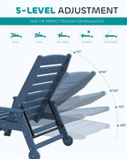 SERWALL Patio Chaise Lounge Chair Set of 2  78'' Long 5-Positions Adjustable HDPE Outdoor Lounger for Pool  Poly Lounge Chair with Rolling Wheels & Cup Holder for Poolside  Deck  Blue