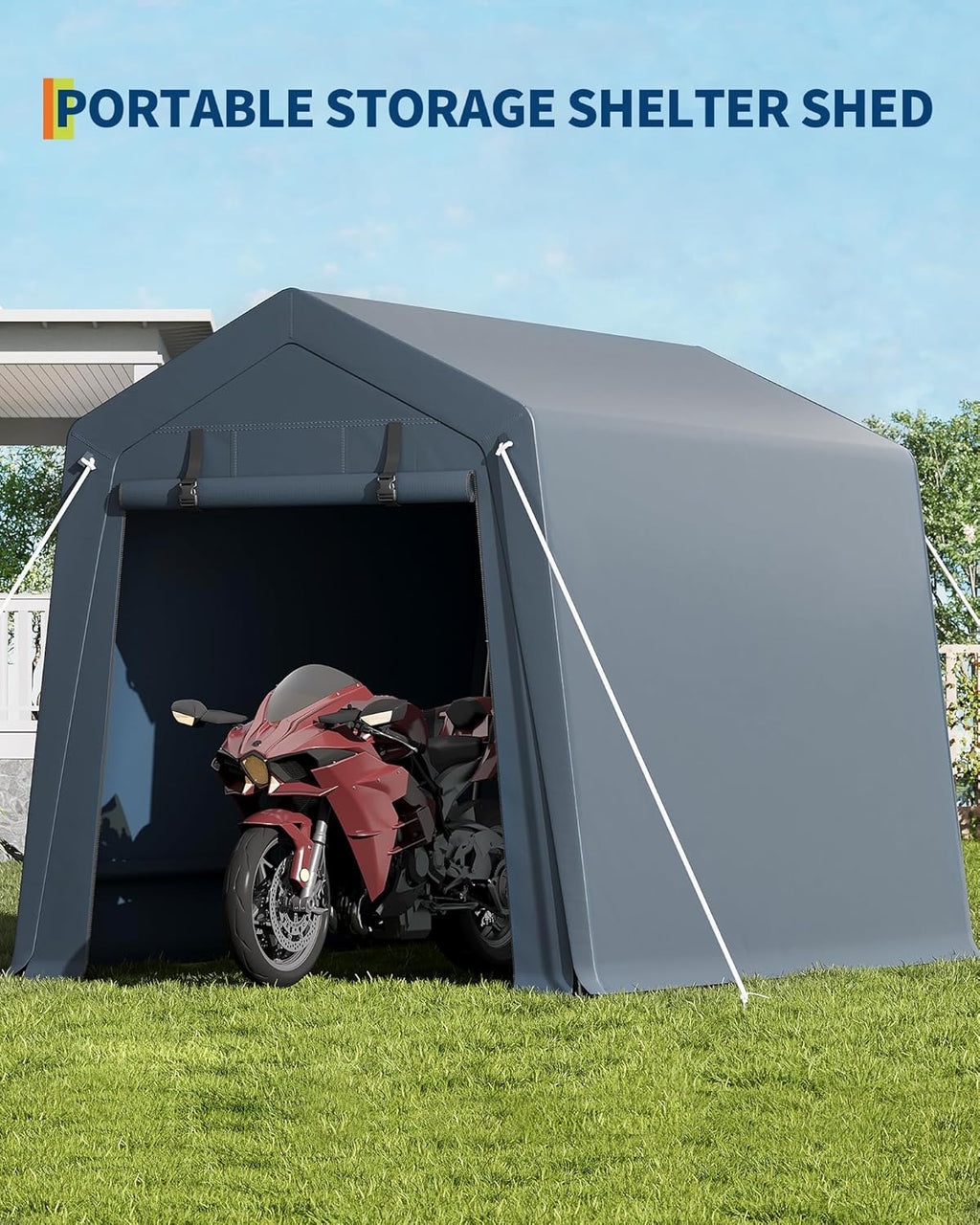 Garvee 6x8x7FT Outdoor Storage Shed Tent, Portable Carport Garage Shelter with Vent & Roll-Up Zipper Door, 240G Waterproof PE Tarp, UV-Resistant Canopy for Motorcycle Bike Tools Lawn Mower, Grey