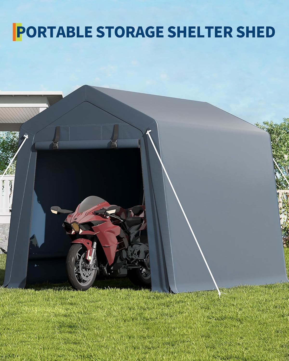 Garvee 6x8x7FT Outdoor Storage Shed Tent, Portable Carport Garage Shelter with Vent & Roll-Up Zipper Door, 240G Waterproof PE Tarp, UV-Resistant Canopy for Motorcycle Bike Tools Lawn Mower, Grey