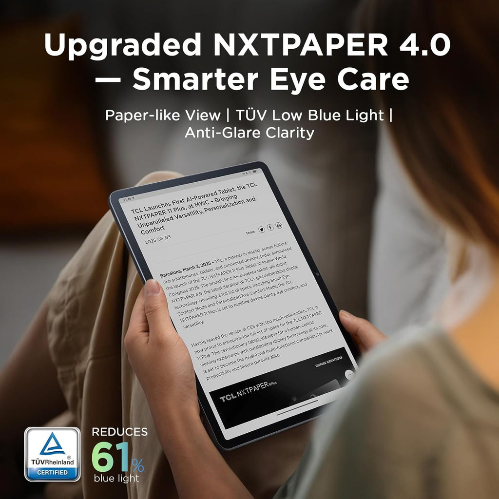 TCL NXTPAPER 11 Plus Android Tablet  11.5" 120Hz 2.2K Drawing Pad & Digital Notebook  Stylus Included  NXTPAPER 4.0 Display  AI Tools  8+8GB RAM  256GB Storage  8000mAh Battery  Onyx Black
