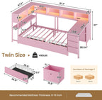 DICTAC Corner Twin Bed Frame with Desk,Charging Station and Bookcase Storage Pink Bed Frame for Girls with Storage Drawers and Led Lights Twin Size Daybed with Open Shelves,No Box Spring Needed