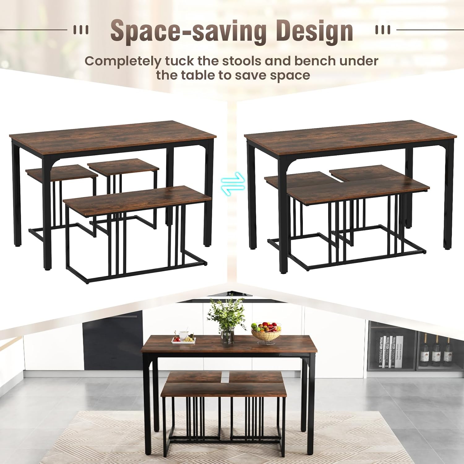 Giantex 4-Piece Dining Table Set for 4, Modern Kitchen Table and Chairs, Nesting Furniture Set with Bench & 2 Stools, Space-Saving Desk Set, Dinette Set for Small Place, Dining Room Restaurant (Brown)