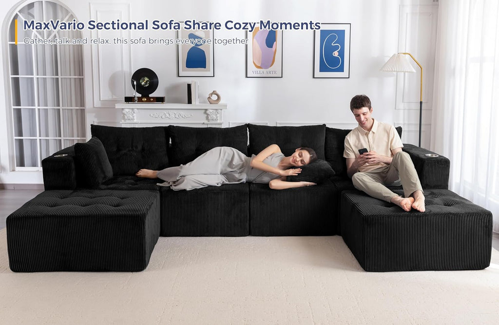 MAXYOYO 129.5" Modular Sectional Sofa Couch, U Shaped Modern Cloud Couch with 2 Ottomans, Sofa in A Box, Tufted 6-Seat Boneless Sleeper Chair for Living Room, No Assembly Required, Black