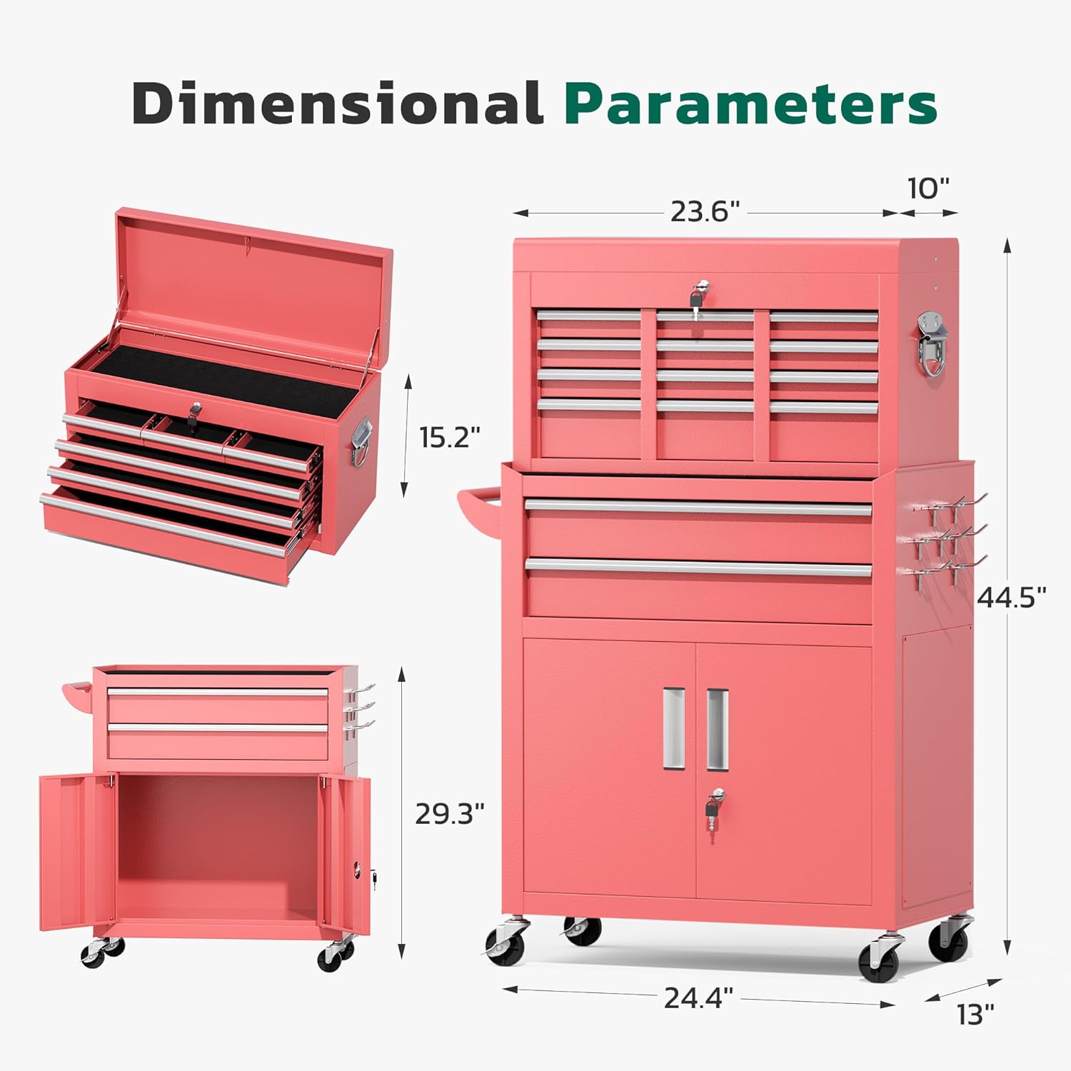 Greenvelly Tool Chest, 8-Drawer Rolling Tool Chest with Wheels, Detachable Top Tool Box, Assembled Tool Chest with Liner & Hooks, Rolling Tool Box for Garage, Workshop, Warehouse, Pink