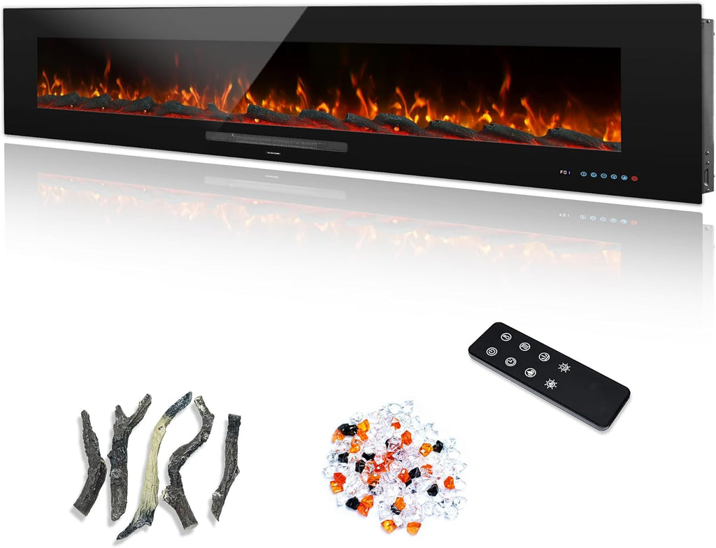 72" Electric Fireplace, Recessed & Wall Mounted Fireplace Heater 13 * 13 Colors Flame &Fuel Bed w/5 Dimmer, Touchscreen &Remote Control Temp, Overheating Protect, Hardwired, 1500W, Black