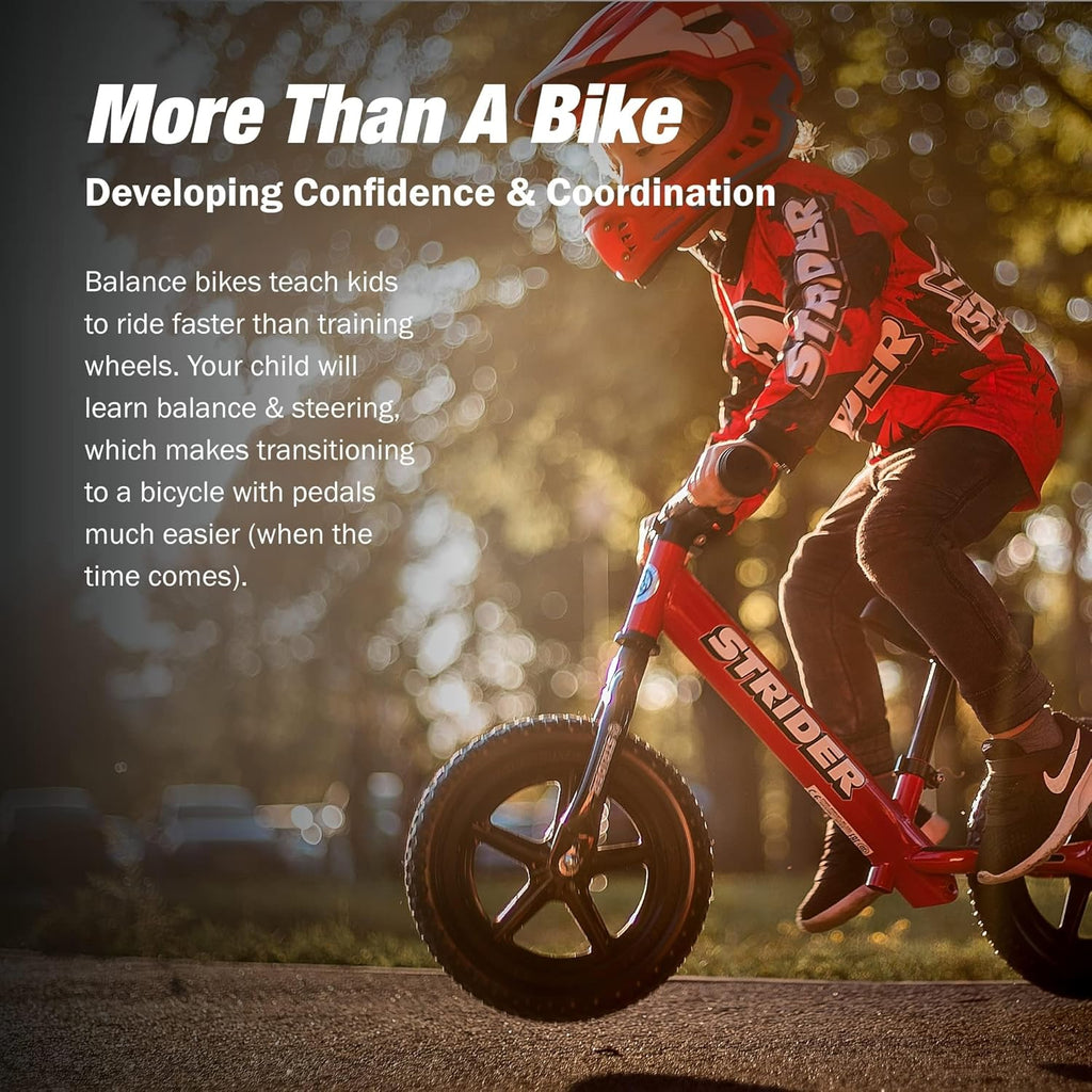 Strider 12” Sport Bike - No Pedal Balance Bicycle for Kids 1 to 4 Years - Includes Safety Pad, Padded Seat, Mini Grips & Flat-Free Tires - Tool-Free Assembly & Adjustments
