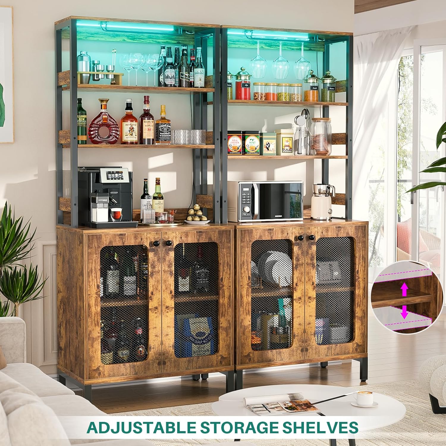 Aheaplus Bar Cabinet with Power Outlets, Wine Bar Cabinet Liquor Cabinet with LED Lights & Glass Holder, Coffee Bar Station, Microwave Stand, Rustic Brown