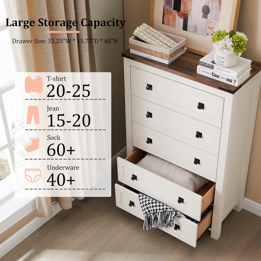 RedLemon Farmhouse 5 Drawer Dresser, 48" Tall Rustic Chest of Drawers, Wood Dresser for Bedroom, Living Room, Hallway, Antique White