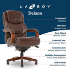 La-Z-Boy Delano Big and Tall Executive Office Chair - Ergonomic Lumbar Support Memory Foam - Bonded Leather Desk Chair for Home Office - Mahogany Wood Arms - Chestnut Brown