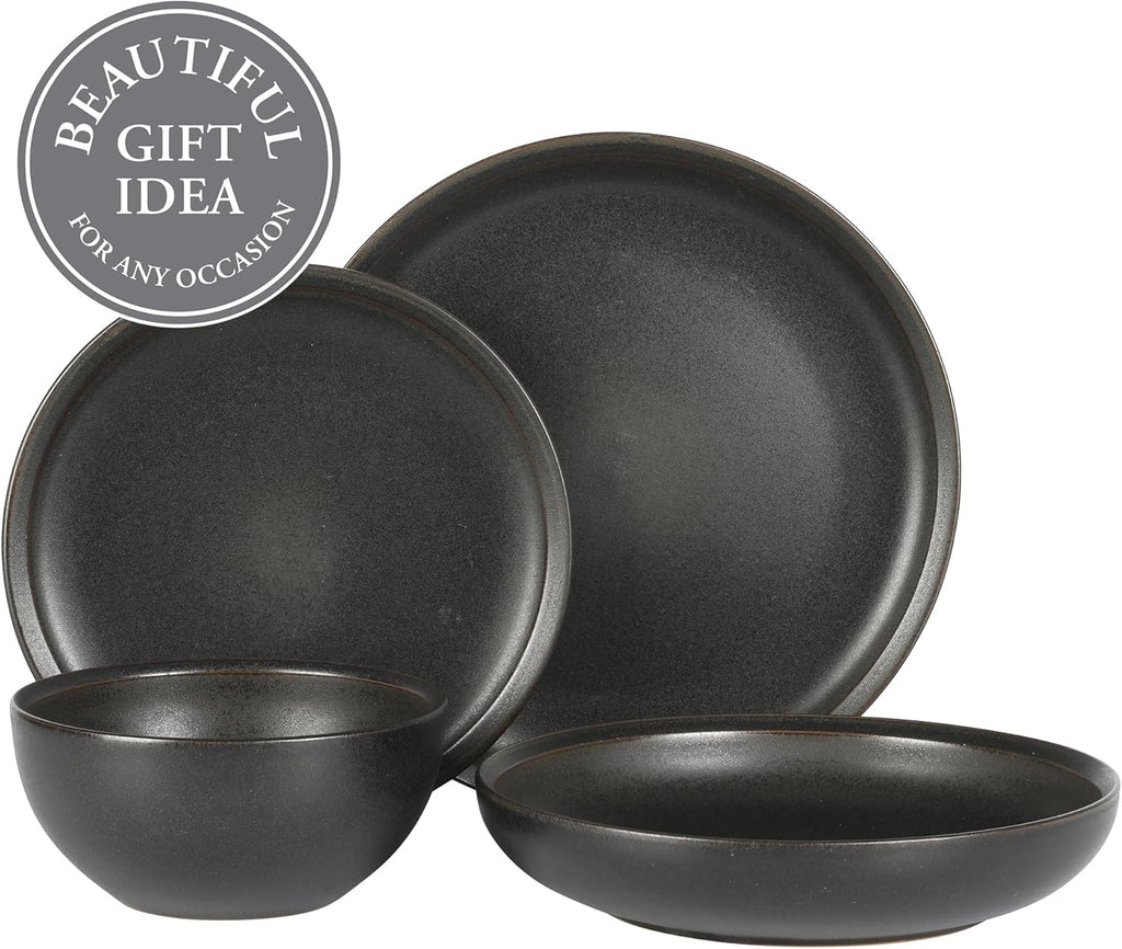 Gibson Elite Beckett Stoneware Matte Reactive Glaze 16 Piece (Service for 4) Plates and Bowls Dinnerware Set - Black