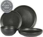 Gibson Elite Beckett Stoneware Matte Reactive Glaze 16 Piece (Service for 4) Plates and Bowls Dinnerware Set - Black