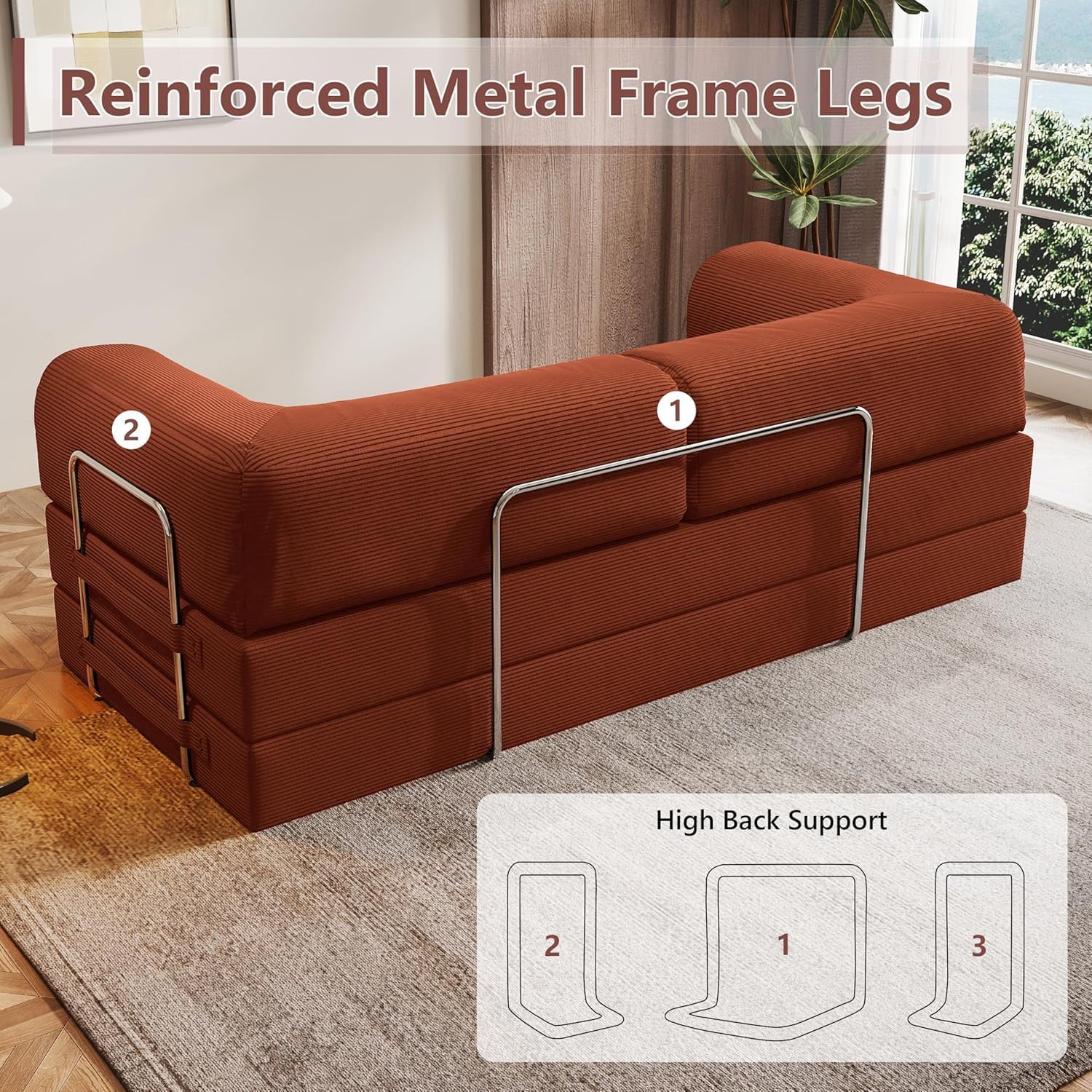 78.8" Folding Convertible Sofa Bed, 4-in-1 Floor Sofa Modular Futon Couch .Pull Out Couch Memory Foam King Size Sofa Bed .No Assembly Needed Boneless Couch for Living Room（Orange）