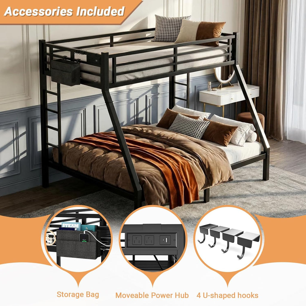 Twin XL Over Queen Bunk Bed, Metal Bunk Bed Frame Heavy Duty Bunk Beds Loft Bed Frame with Ladder and Guardrail Metal Slats No Box Spring Required for Adults Teens, Black