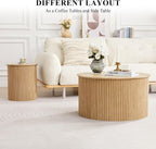 Fluted Round Nesting Coffee Table Set of 2, Mid Century Modern Wood Coffee Tables and End Table Set, Circle Side Table Minimalist Center Tables for Living Room, Office(Natural)