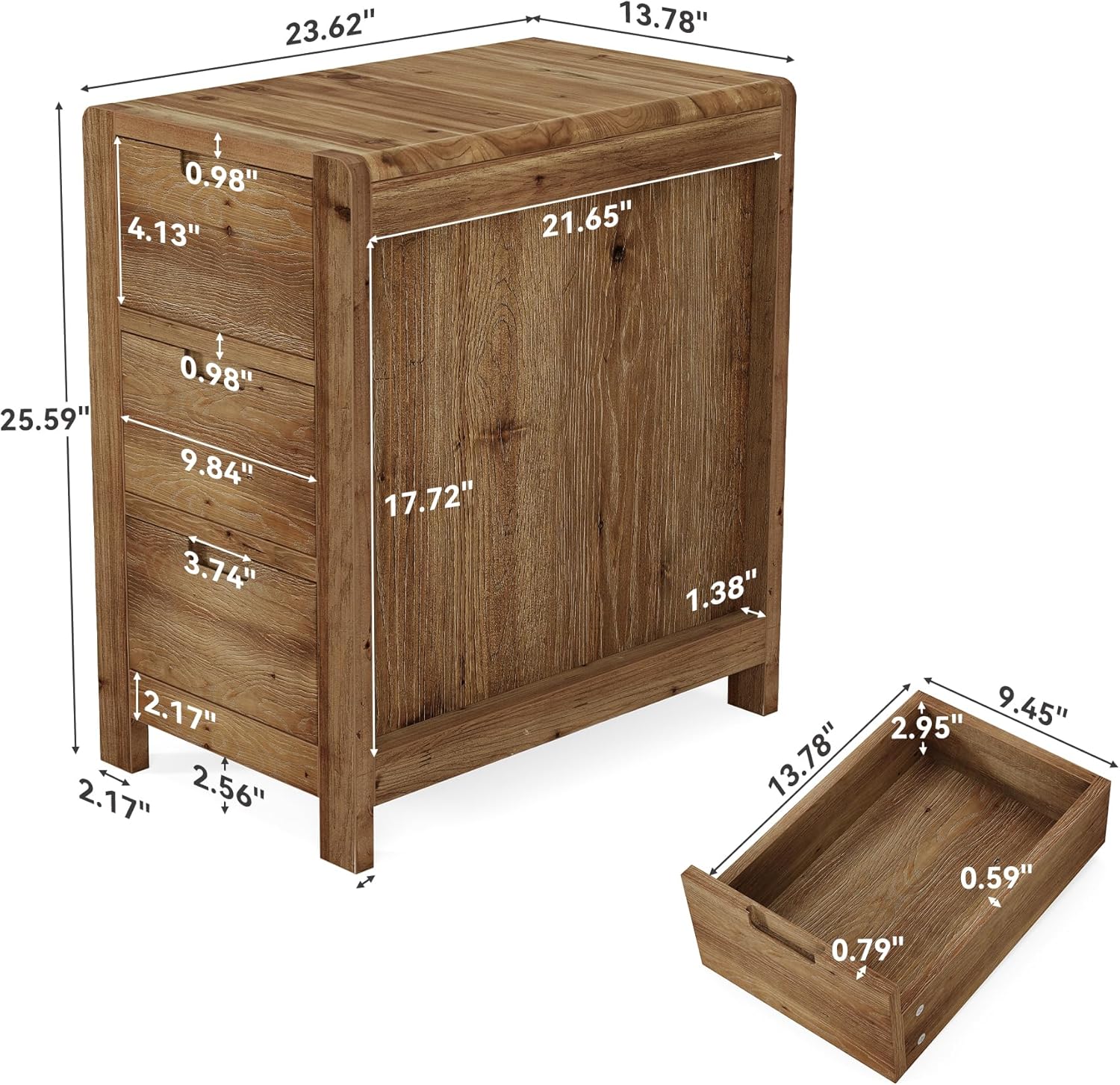 LITTLE TREE 3-Drawer Real Wood End Table Set 2, Narrow Side Table with Storage Drawers, Solid Wood Sofa Side Table for Living Room, Slim Nightstand Bedside Table for Bedroom, Natural Wood Color