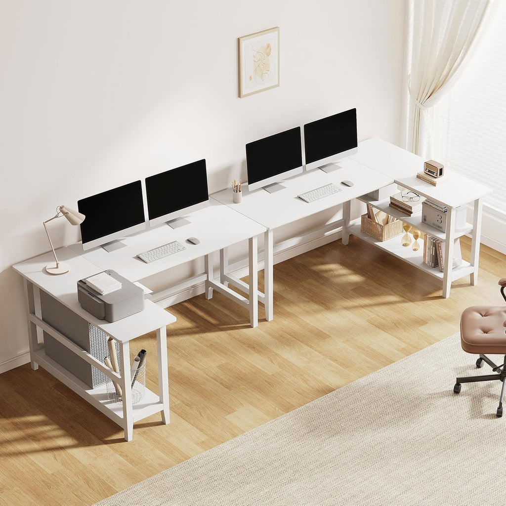IOTXY Reversible L-Shaped Office Desk - 63" Extra Large Corner Computer Table with Storage Shelves, Solid Wood Legs, Home Writing & Study Workstation, White