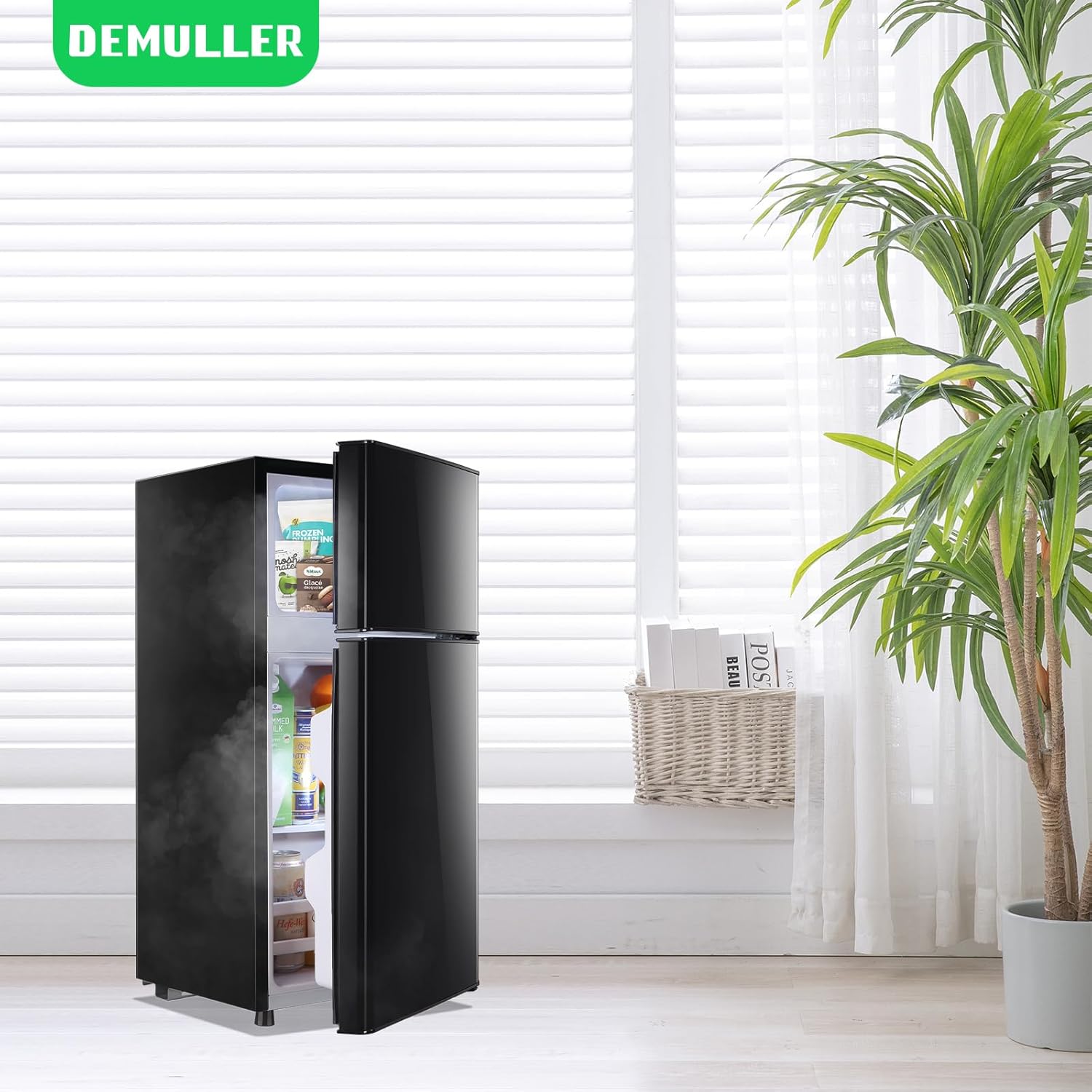 DEMULLER 2.4 Cu.Ft Mini Fridge with Freezer & Double Door Small Tiny Size Refrigerator with 7 Temperature Control Knob Only Suitable for One Person Use Black