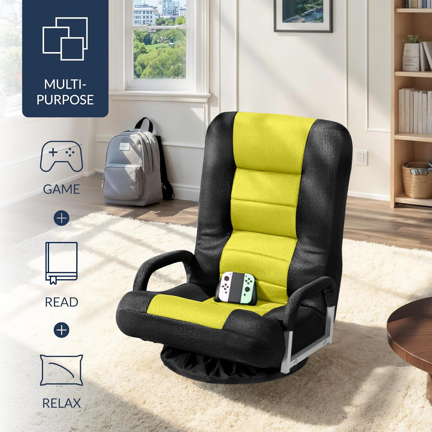 Best Choice Products Swivel Gaming Chair 360 Degree Multipurpose Floor Chair Rocker for TV, Reading, Playing Video Games w/Lumbar Support, Armrest Handles, Adjustable Foldable Backrest - Black/Yellow