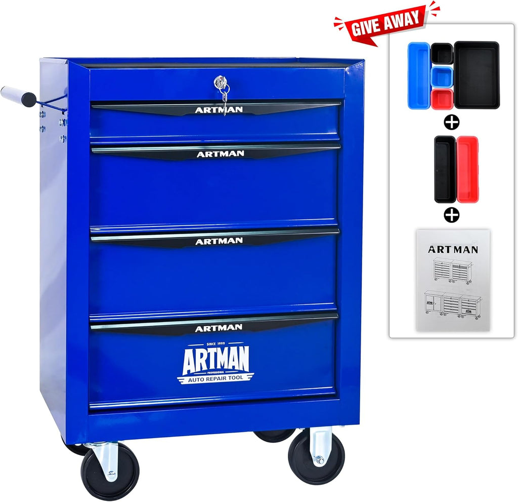 RYH 4 Drawers Rolling Tool Chest - 13" D x 20.9" W x 30.5" H Heavy Duty Mobile Tool Cart with Locking Wheels & Ball Bearing Drawers, Garage Tool Storage Cabinet (Blue, 4 Drawers)