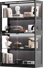 AMERLIFE RGB Display Cabinet with Adjustable Glass Shelves, 4-Tier Storage Case with LED Lights & Press-to-Open Doors, Modern Display Shelf for Collectibles, Black 70" H×45" L×16" D